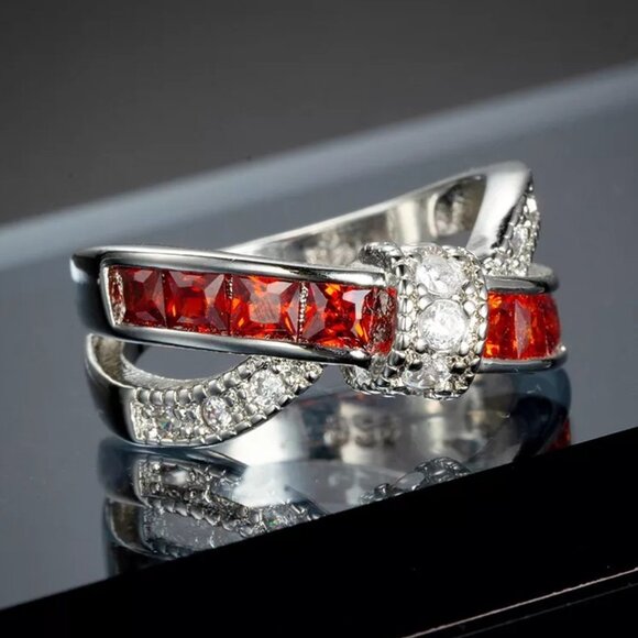 💕925 Silver Plated Antique Red CZ Punk Party Cocktail Ring, GPMB1399